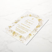 バプテスマの水色の白い黄色の花 箔招待状 (回転した状態)