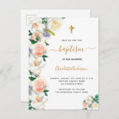 バプテスマの水色花模様ピンクエレガント白 インビテーションポストカード (正面/裏面)