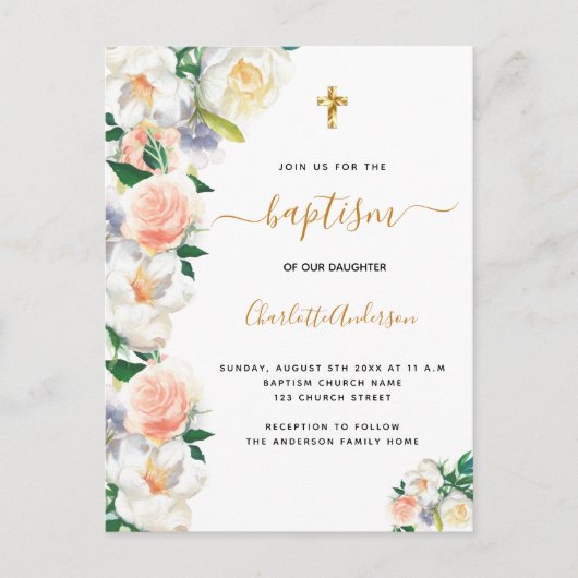 バプテスマの水色花模様ピンクエレガント白 インビテーションポストカード (正面)