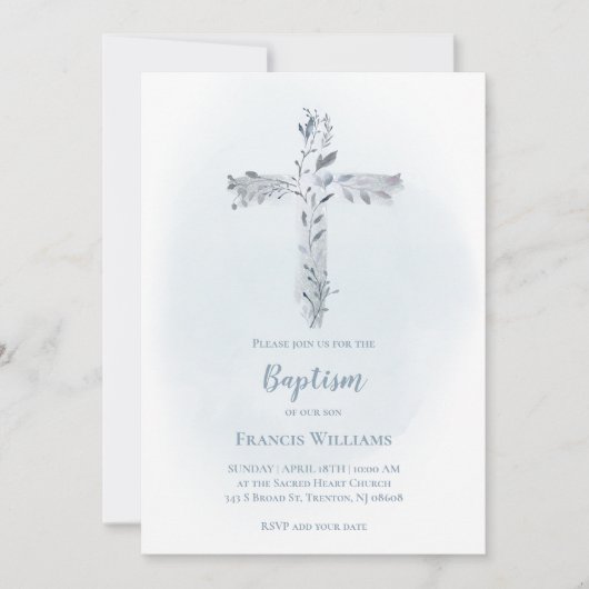 バプテスマの灰色の水色の葉が交差 招待状 (正面)