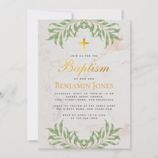 バプテスマの葉フェイク金ゴールドクロス書道大理石 招待状 (正面)