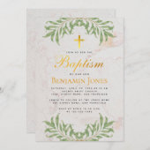 バプテスマの葉フェイク金ゴールドクロス書道大理石 招待状 (正面/裏面)