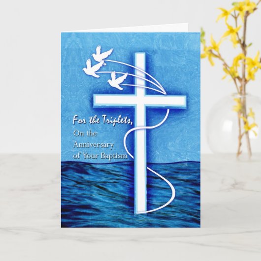 バプテスマの鳩と十字架の三つ子の記念日のために カード (黄色い花)