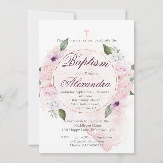 バプテスマまたは《キリスト教》洗礼式や命名式フローラバラリース 招待状 (正面)