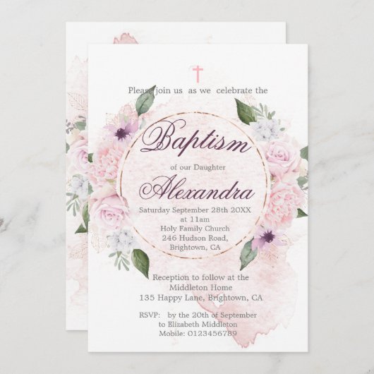 バプテスマまたは《キリスト教》洗礼式や命名式フローラバラリース 招待状 (正面/裏面)