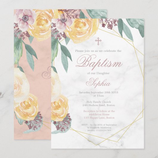 バプテスマまたは《キリスト教》洗礼式や命名式フローラ幾何学的ピンクシック 招待状 (正面/裏面)