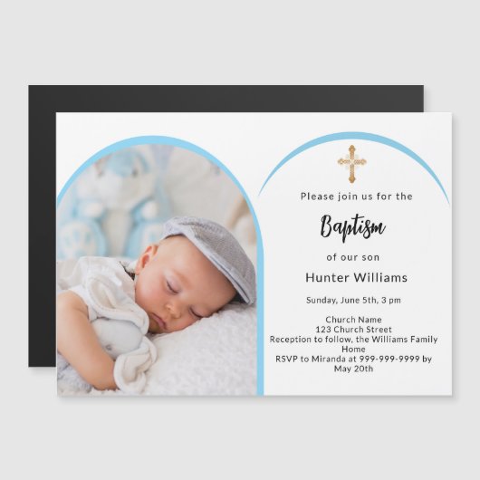 バプテスマを渡る青い写真のアーチ少年 マグネット招待状 (正面/裏面)