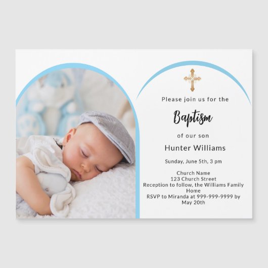 バプテスマを渡る青い写真のアーチ少年 マグネット招待状 (正面)