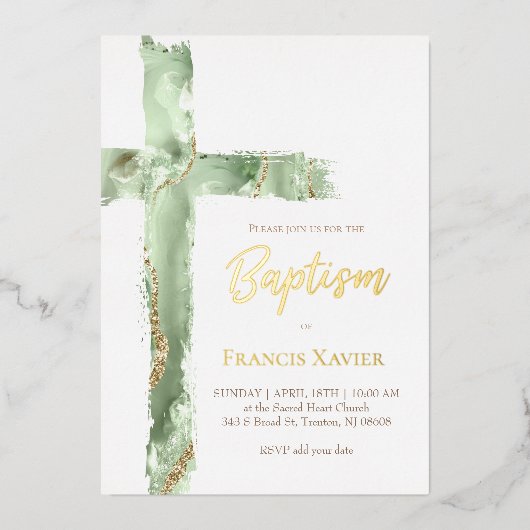 バプテスマを越えた水色の緑の瑪瑙 箔招待状 (正面)