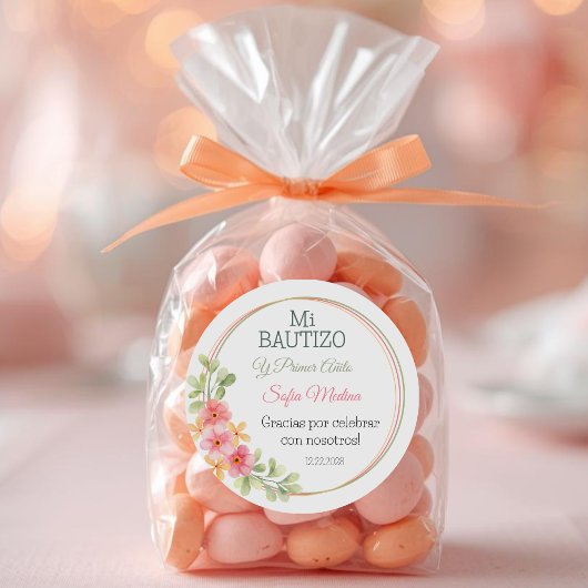 バプテスマエレガントと最初の誕生日ピンクの花 ラウンドシール