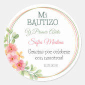 バプテスマエレガントと最初の誕生日ピンクの花 ラウンドシール (正面)