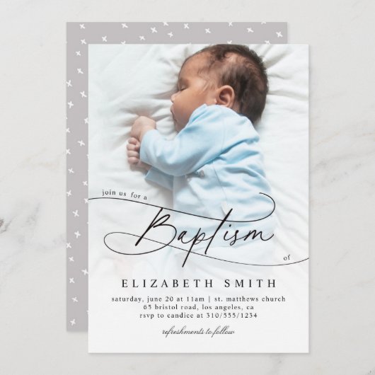 バプテスマエレガントスのスクリプカスタムト写真と宗教的な 招待状 (正面/裏面)