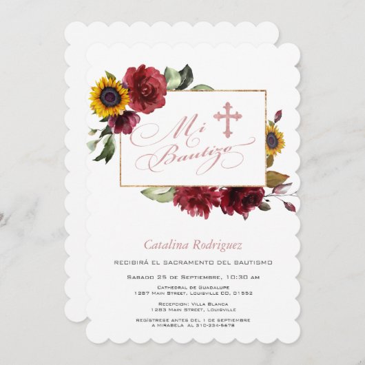 バプテスマエレガントスを越えたバーガンディひまわりの金ゴールド 招待状 (正面/裏面)