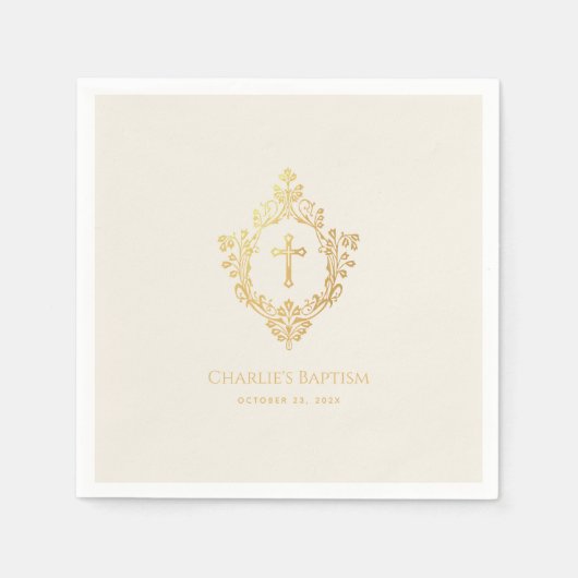 バプテスマエレガントスフェイク金ゴールドクロスインクレストアイボリー スタンダードカクテルナプキン (正面)