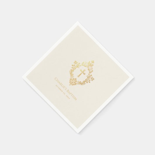 バプテスマエレガントスフェイク金ゴールドクロスインクレストアイボリー スタンダードカクテルナプキン (角)
