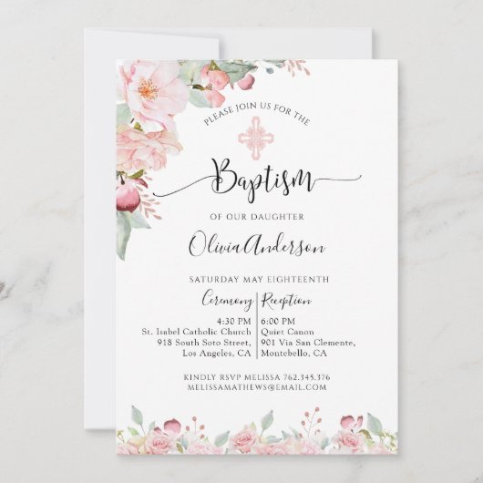 バプテスマエレガントミントアンドピーチフローラ招待状 招待状 (正面)