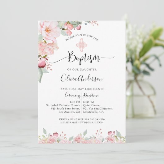 バプテスマエレガントミントアンドピーチフローラ招待状 招待状 (スタンド正面)