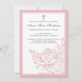 バプテスマエレガント赤面ピンクライン描フローラ 招待状 (正面)