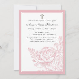 バプテスマエレガント赤面ピンクライン描フローラ 招待状