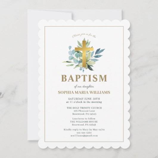 バプテスマエレガント金ゴールドクロスウォーター色セージ 招待状 (正面)