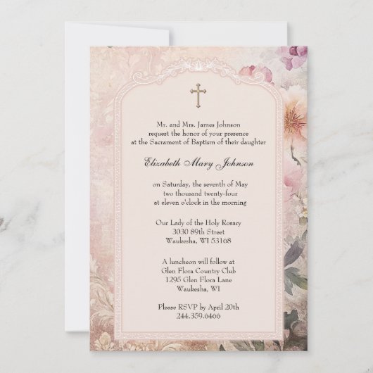 バプテスマエレガント《キリスト教》洗礼式や命名式ピンクフローラ 招待状 (正面)