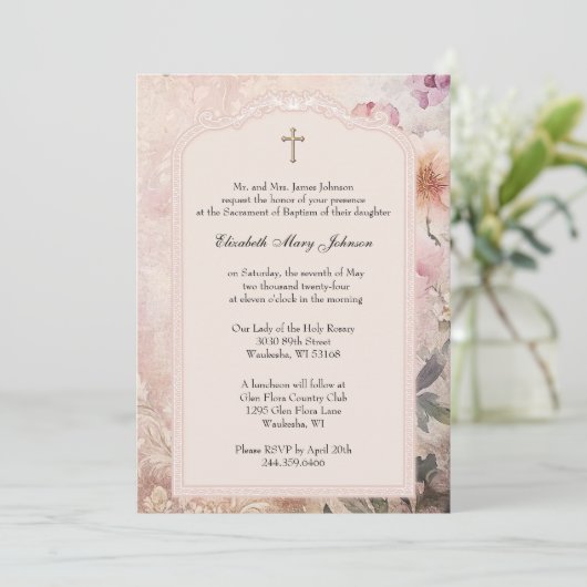 バプテスマエレガント《キリスト教》洗礼式や命名式ピンクフローラ 招待状 (スタンド正面)