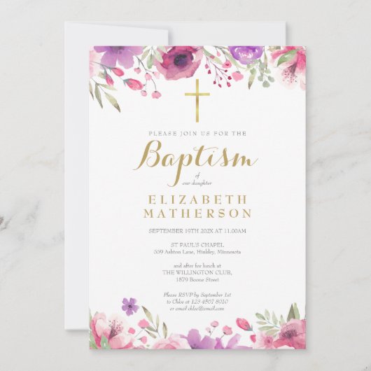 バプテスマエレガント《キリスト教》洗礼式や命名式ピンクローズフローラ 招待状 (正面)