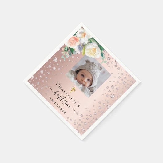 バプテスマカスタムバラ写真金ゴールド女の子花模様 スタンダードカクテルナプキン (角)