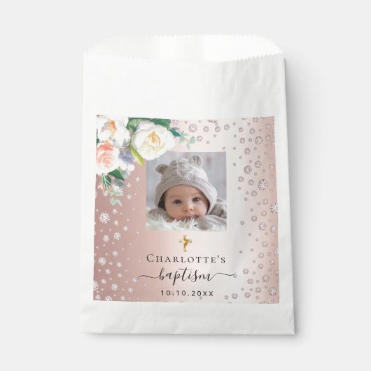 バプテスマカスタムバラ写真金ゴールド女の子花模様 フェイバーバッグ (正面)