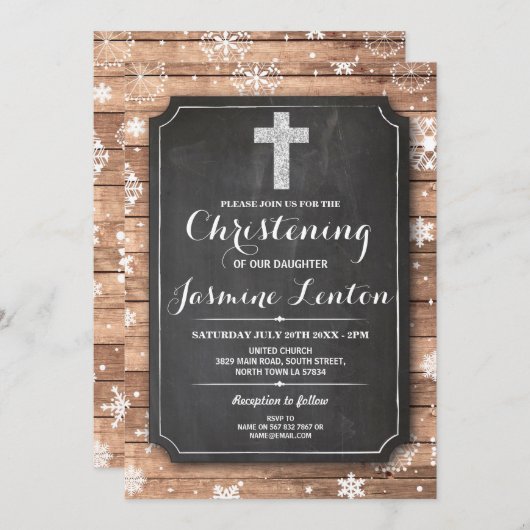 バプテスマクロス《キリスト教》洗礼式や命名式ウッドクリスマススノー 招待状 (正面/裏面)