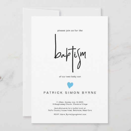 バプテスマコンテンポラリーティニーブルーハート男の赤ちゃん 招待状 (正面)