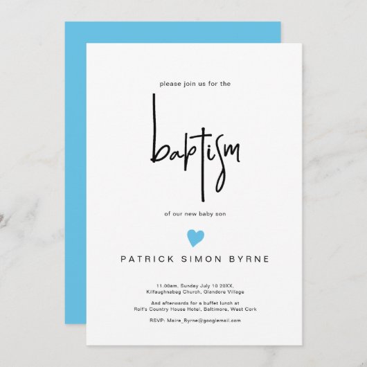バプテスマコンテンポラリーティニーブルーハート男の赤ちゃん 招待状 (正面/裏面)
