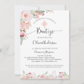 バプテスマスペインのスエレガント赤面ピンクフローラ 招待状 (正面)