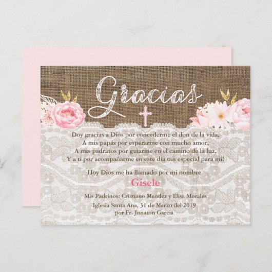 バプテスマスペインのスバウティゾグラシアスのサンキューカード インビテーションポストカード (正面/裏面)