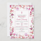 バプテスマスペインのピンクの花のバウティゾ招待 招待状 (正面)