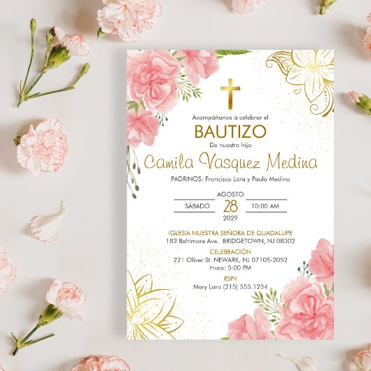 バプテスマスペインのピンクの花のバウティゾ招待 招待状