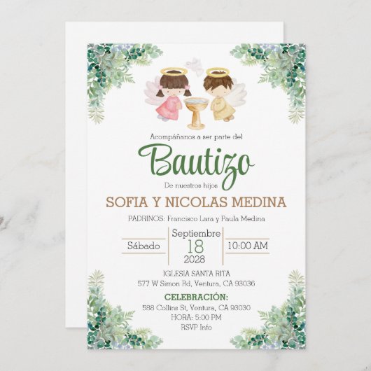 バプテスマスペインの招待状女の子とボーティゾ 招待状 (正面/裏面)