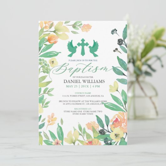 バプテスマタイポグラフィと夏の花フレーム 招待状 (スタンド正面)