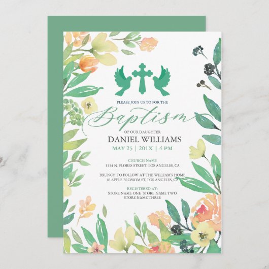 バプテスマタイポグラフィと夏の花フレーム 招待状 (正面/裏面)