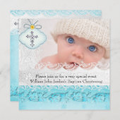 バプテスマティール（緑がかった色）ブルーホワイトレースフォトジェルクロスボーイ 招待状 (正面/裏面)