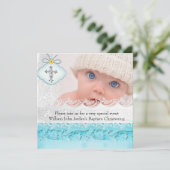 バプテスマティール（緑がかった色）ブルーホワイトレースフォトジェルクロスボーイ 招待状 (スタンド正面)