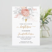 バプテスマバラ金ゴールド花模様ガールエレガントホワイト 招待状 (スタンド正面)