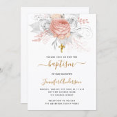 バプテスマバラ金ゴールド花模様ガールエレガントホワイト 招待状 (正面/裏面)