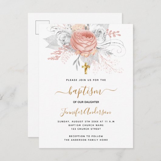 バプテスマバラ金ゴールド花模様ガールホワイトエレガント インビテーションポストカード (正面/裏面)