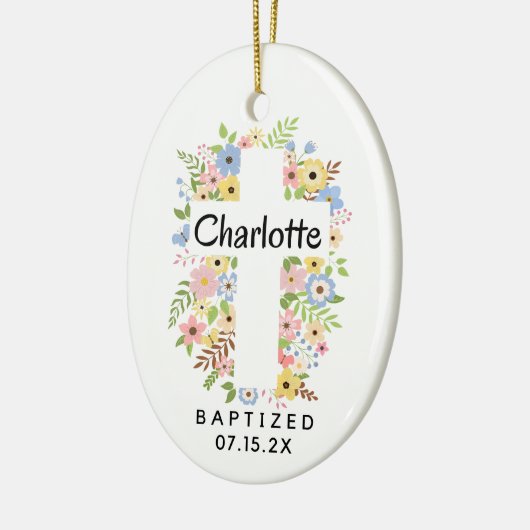 バプテスマパーソナライズされたの女の子のフローラクロス両面 セラミックオーナメント (左)