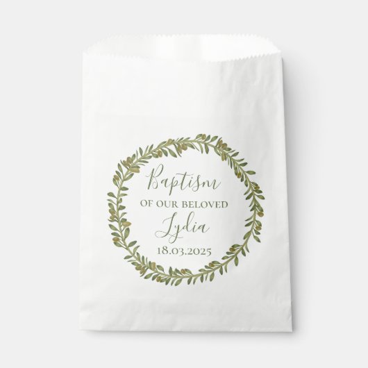 バプテスマパーソナライズされたの好意バッグとオリーブリース フェイバーバッグ (正面)