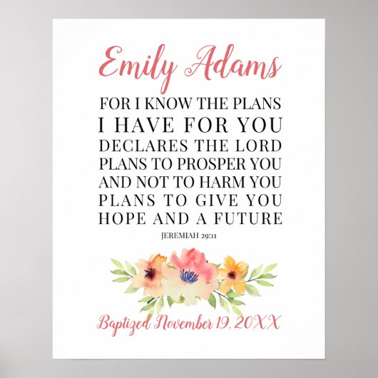 バプテスマパーソナライズされたス印刷可能， Jeremiah 29:11 ポスター (正面)