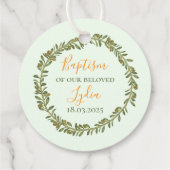 バプテスマパーソナライズされたメッセージカードとオリーブリース フェイバータグ (裏面)