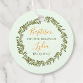 バプテスマパーソナライズされたメッセージカードとオリーブリース フェイバータグ (正面)