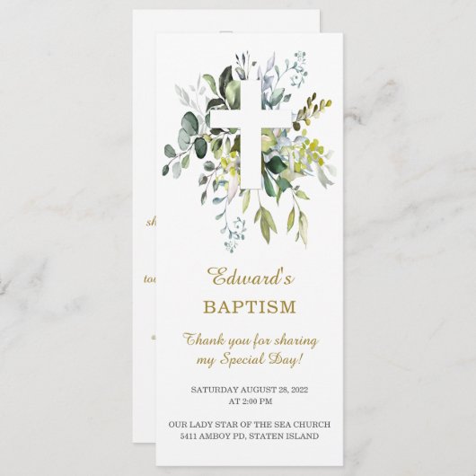 バプテスマパーソナライズされた祈りの言葉カード メニュー (正面/裏面)